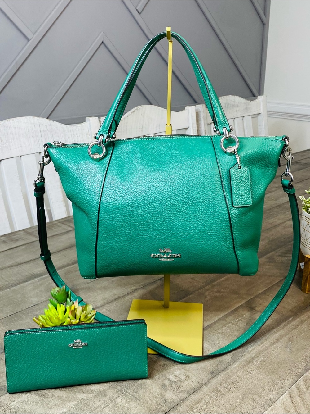 Coach Pebble Leather Satchel anCoach Pebble Leather Satchel and Wallet Set Green